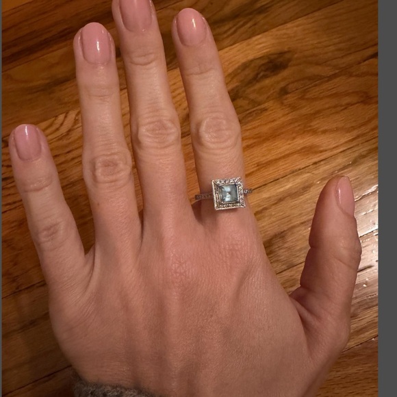 Vintage Art Deco style 18k white gold aquamarine ring with diamonds - Picture 4 of 8